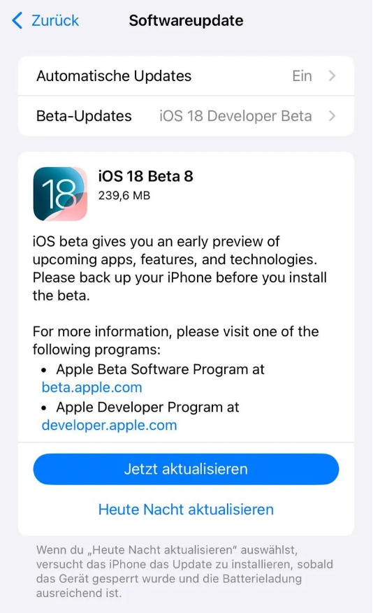 富顺苹果手机维修分享苹果 iOS / iPadOS 18 开发者预览版 Beta 8 发布 